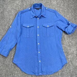 Ralph Lauren Sport 100% Linen Safari Shirt Womens 12 Blue Long Sleeve Button Up